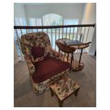 2-tone floral/solid upholstered chair w pillow and foot stool - $125.00