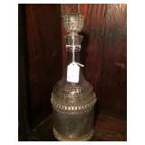 Glass Decanter-Glass Stopper -Hammered Aluminum Holder 11.5"h