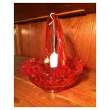 Fenton Glass Basket- Red- 8"d x 9"h 