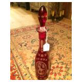Ruby Red Decanter- Grouse Etching- Glass Stopper 16"h