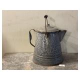 Grey Granite Coffee Pot w/ Wire Bail & Wood Handle