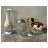 3 Waterfowl Pcs. Tankard, Vase and Figure