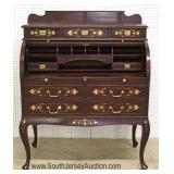 ASIAN Hardwood Exotic Rosewood Brass Inlaid Cylinder Roll Desk 