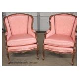  PAIR of Pink Upholstered Mahogany Carved Frame French Style Arm Chairs by "Drexel Furniture" 