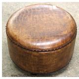 Contemporary Brown Leather Round Ottoman 