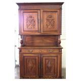 ANTIQUE 2 Piece Carved Walnut 4 Door Cupboard 