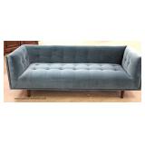  Mid Century Modern Blue Upholstered Button Tufted Sofa 