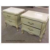  French Provincial 9 Drawer Low Chest and Pair of Matching Marble Top Nightstands by "Vanleigh Furni