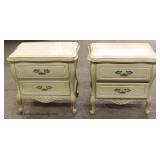  French Provincial 9 Drawer Low Chest and Pair of Matching Marble Top Nightstands by "Vanleigh Furni
