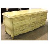  French Provincial 9 Drawer Low Chest and Pair of Matching Marble Top Nightstands by "Vanleigh Furni