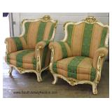 PAIR of Upholstered French Style Carved Arm Chairs 