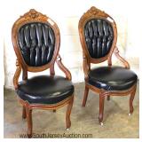  PAIR of Walnut Victorian Carved Button Tufted Leather Back and Seat Chairs 