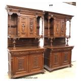 PAIR of ANTIQUE Highly Carved and Ornate Continental 3 Piece Hunt Cupboards with Full Figure Carving