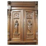 PAIR of ANTIQUE Highly Carved and Ornate Continental 3 Piece Hunt Cupboards with Full Figure Carving