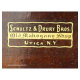 ANTIQUE Burl Mahogany Empire 2 Drawer Work Table by “Schultz & Drury Bros. Utica NY” ANTIQUE Burl Mahogany Empire 2 Drawer Work Table by “Schultz & Drury Bros. Utica NY”