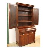 ANTIQUE Burl Mahogany 2 Piece Empire Blind Door Butlers Desk with Bookcase Top Located Inside ANTIQUE Burl Mahogany 2 Piece Empire Blind Door Butlers Desk with Bookcase Top Located Inside