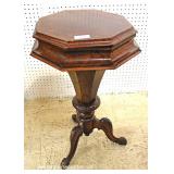ANTIQUE Burl Mahogany Octagon Lift Top Sewing Stand with Contents Located Insid ANTIQUE Burl Mahogany Octagon Lift Top Sewing Stand with Contents Located Insid
