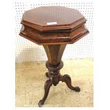  ANTIQUE Burl Mahogany Octagon Lift Top Sewing Stand with Contents  Located Insid