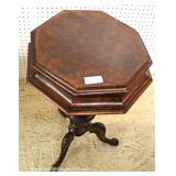 ANTIQUE Burl Mahogany Octagon Lift Top Sewing Stand with Contents Located Insid ANTIQUE Burl Mahogany Octagon Lift Top Sewing Stand with Contents Located Insid