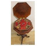 ANTIQUE Burl Mahogany Octagon Lift Top Sewing Stand with Contents Located Insid ANTIQUE Burl Mahogany Octagon Lift Top Sewing Stand with Contents Located Insid
