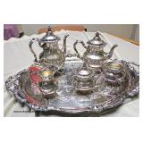 5 Piece Gorham Sterling Tea Set with Silver Plate Serving Tray (6 Piece Total) 5 Piece Gorham Sterling Tea Set with Silver Plate Serving Tray (6 Piece Total)