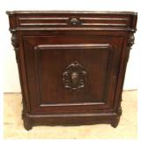 ANTIQUE Walnut Marble Top 1 Drawer 1 Door Side Cabinet with Carved Griffins ANTIQUE Walnut Marble Top 1 Drawer 1 Door Side Cabinet with Carved Griffins