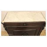 ANTIQUE Walnut Marble Top 1 Drawer 1 Door Side Cabinet with Carved Griffins ANTIQUE Walnut Marble Top 1 Drawer 1 Door Side Cabinet with Carved Griffins