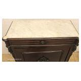 ANTIQUE Walnut Marble Top 1 Drawer 1 Door Side Cabinet with Carved Griffins 