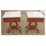 PAIR of SOLID Mahogany Victorian Style Lyre Harp Marble Top Tables 