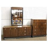 Mid Century Modern Burl Walnut 6 Piece Bedroom Set with Full Size Headboard and 