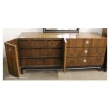 Mid Century Modern Burl Walnut 6 Piece Bedroom Set with Full Size Headboard and 