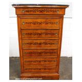  French Style Mahogany Inlaid Marble Top 5 Drawer Chest – auction estimate $100-$300 