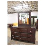  Contemporary 2 Piece Mahogany Finish Leather Upholstered King Size Bed and Dresser with Mirror – au