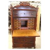  ANTIQUE Burl Mahogany Carved Fall Front Desk – auction estimate $300-$600 