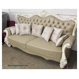  NEW Leather Button Tufted Carved Shabby Chic Finish Sofa with Throw Pillows  Auction Estimate $300-
