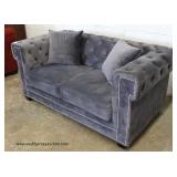 NEW Contemporary Grey Upholstered Button Tufted Decorator Sofa Auction Estimate $200-$400 – Located 