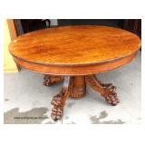 ANTIQUE SOLID Top Oak 60” Dining Room Table with Heavily Lion Head and Paw Feet attributed to Hastin