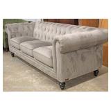  NEW Grey Button Tufted Velour Contemporary Sofa  Auction Estimate $300-$600 – Located Inside 