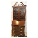  Mahogany “Jasper Furniture” Serpentine Front Secretary with Bookcase Top with Pierce Carved Top  Au