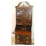  Mahogany “Jasper Furniture” Serpentine Front Secretary with Bookcase Top with Pierce Carved Top  Au