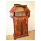 ca 1902 walnut and exotic wood inlay of leaves and flowers vitrine, marked L. Majorelle Nancy , original found condition missing the back fabric. This piece was designed for Jansen Showroom Paris 1902