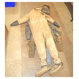 Antique Marvel canvas diving suit with 3 pairs of lead shoes and a diving collar by AJ Morse and Sons approx. 6 Feet Tall 