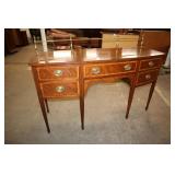  Kindel mahogany bow front banded 3 drawer 1 door spade foot buffet with brass gallery approx. 60" w x 21" d x 42" h 