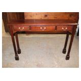  Lot 120 Cherry finish 3 drawer console table approx. 48" w x 12" d x 34" h