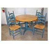  Lot 132 5pc country style 42" diameter butcher block top table with 4 ladder back rush bottom chair