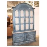  Lot 137 Vintage 2pc paint decorated 4 door cupboards with louvre doors and basket of plenty decorat