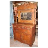  Lot 150 Antique oak 3 drawer 2 door buffet with carved mirror top approx. 42" w x 21" d x 73" h top