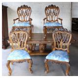  Lot 177 7pc dining room table with 6 fancy carved chairs and marble insert medallions, All AS IS