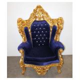  Lot 181 Throne style carved blue velour upholstery button tuft chair with gold gilt frame