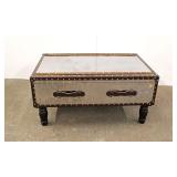 Lot 199 Metal leather wrapped wood with strapping lift top storage chest tagged Maitland Smith